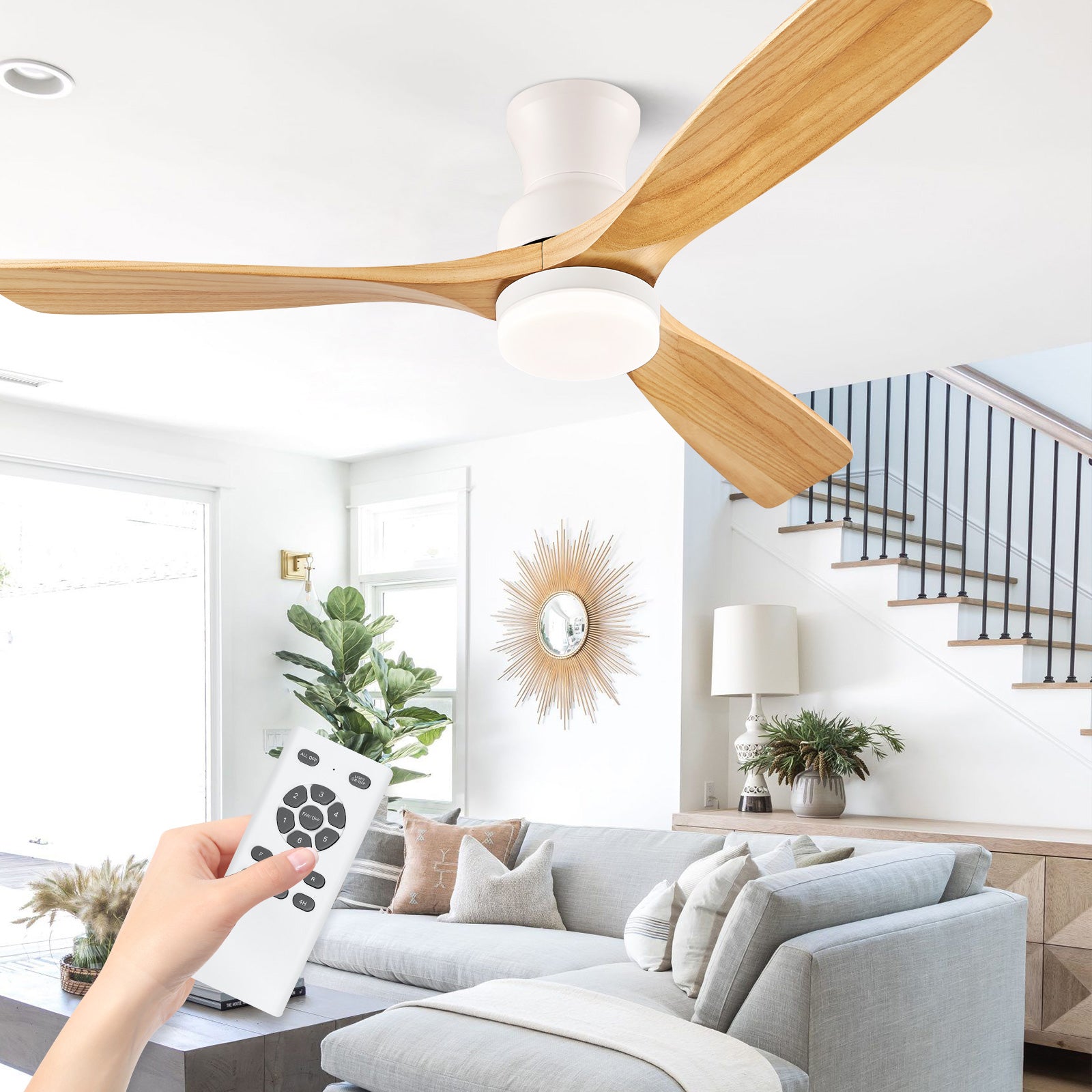 BOOSANT 52" Flush Mount Ceiling Fan with Lights,Low Profile Ceiling Fan with Remote Control LED Light 3 Reversible Wood Blades Noiseless DC Motor 6 Speed