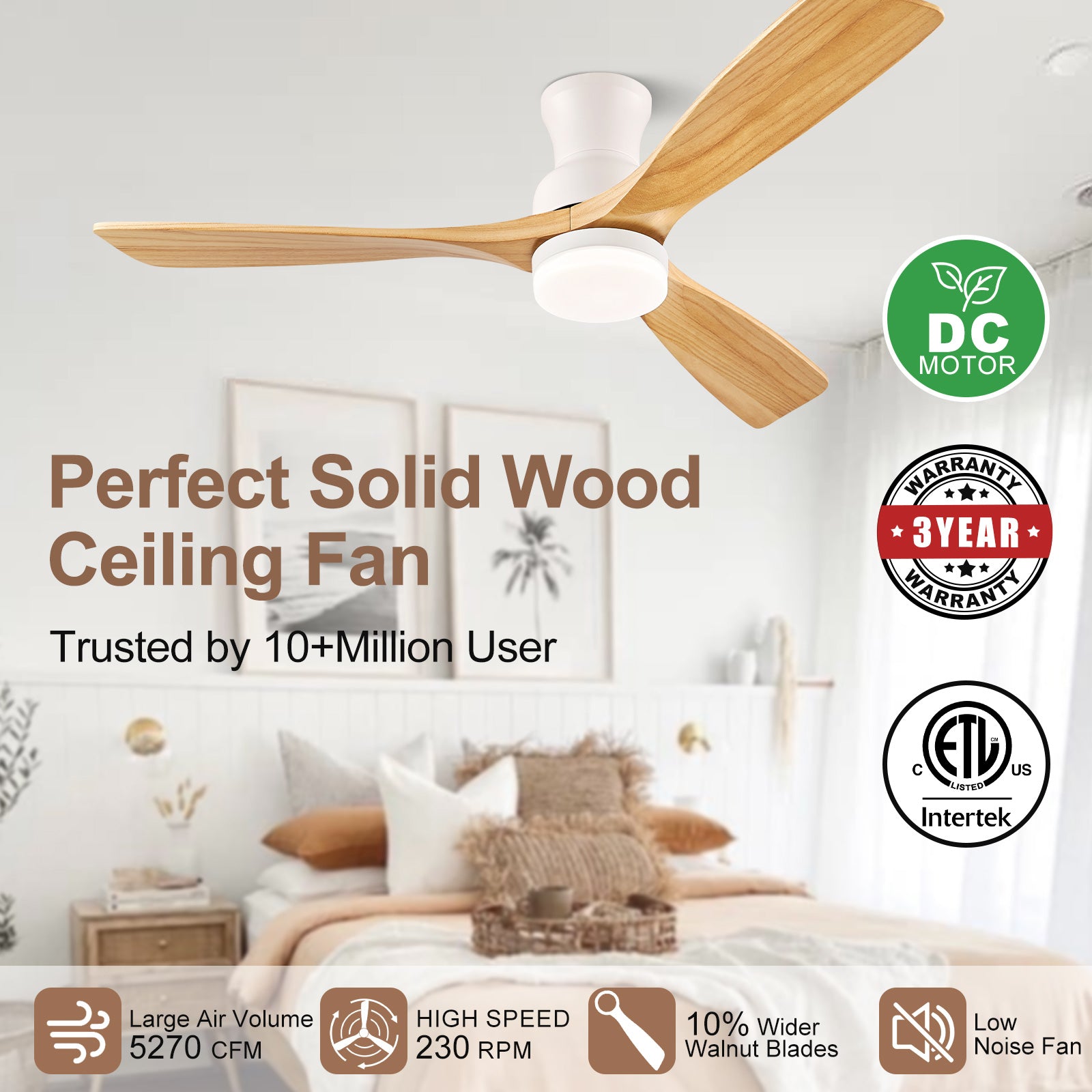 BOOSANT 52" Flush Mount Ceiling Fan with Lights,Low Profile Ceiling Fan with Remote Control LED Light 3 Reversible Wood Blades Noiseless DC Motor 6 Speed