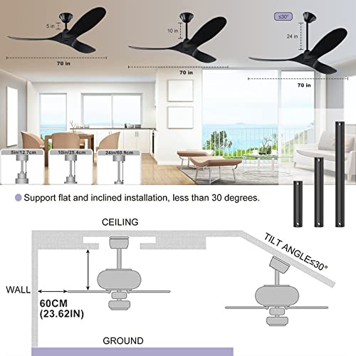 70 Inch Rustic Outdoor Ceiling Fans for Patios Waterproof, Black No Lights Damp Rated 3 Blade Large Airflow Indoor Outdoor Large Ceiling Fan for Exterior House Porch Gazebo