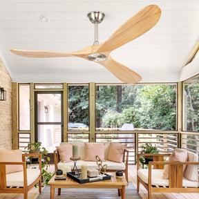 BOOSANT 52" Ceiling Fans without Lights, Solid Wood Ceiling Fan with Remote Control No Light, Modern Ceiling Fan with 3 Blades, Indoor Outdoor Ceiling Fans for Patios, Gazebo(Nature Wood)