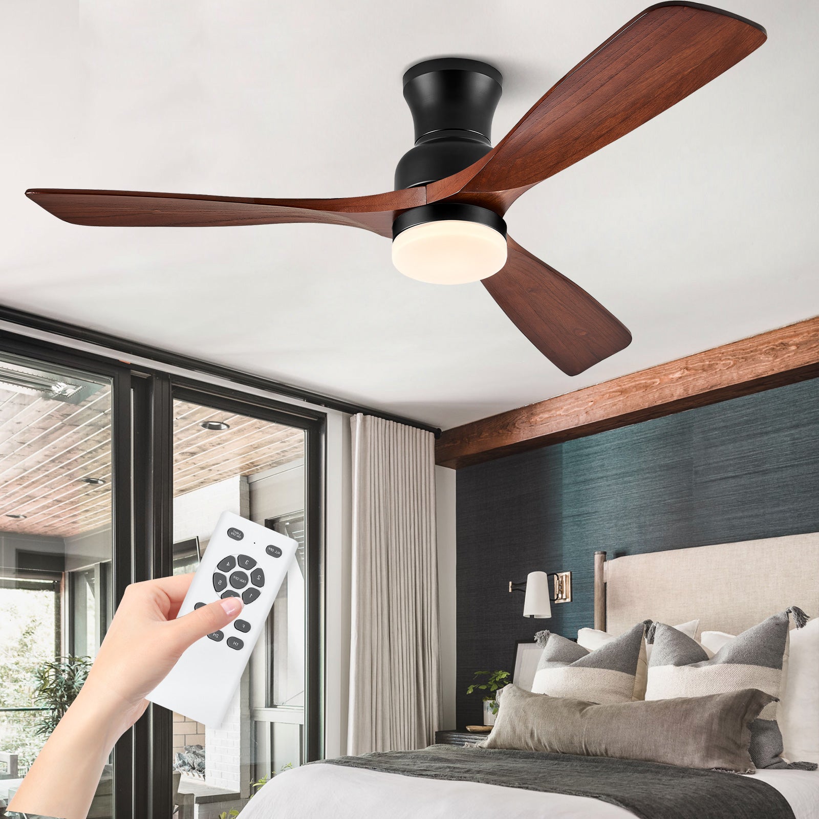 BOOSANT 52" Flush Mount Ceiling Fan with Lights, Hugger Fans with Remote Control, Outdoor Ceiling Fan for Patios, 6 Speed DC Motor, 52 inch Ceiling Fan for Bedroom, ETL Listed(Dark Walnut)