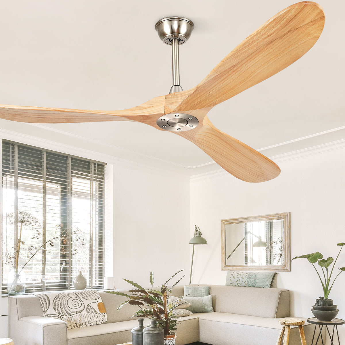 BOOSANT 52" Ceiling Fans without Lights, Solid Wood Ceiling Fan with Remote Control No Light, Modern Ceiling Fan with 3 Blades, Indoor Outdoor Ceiling Fans for Patios, Gazebo(Nature Wood)