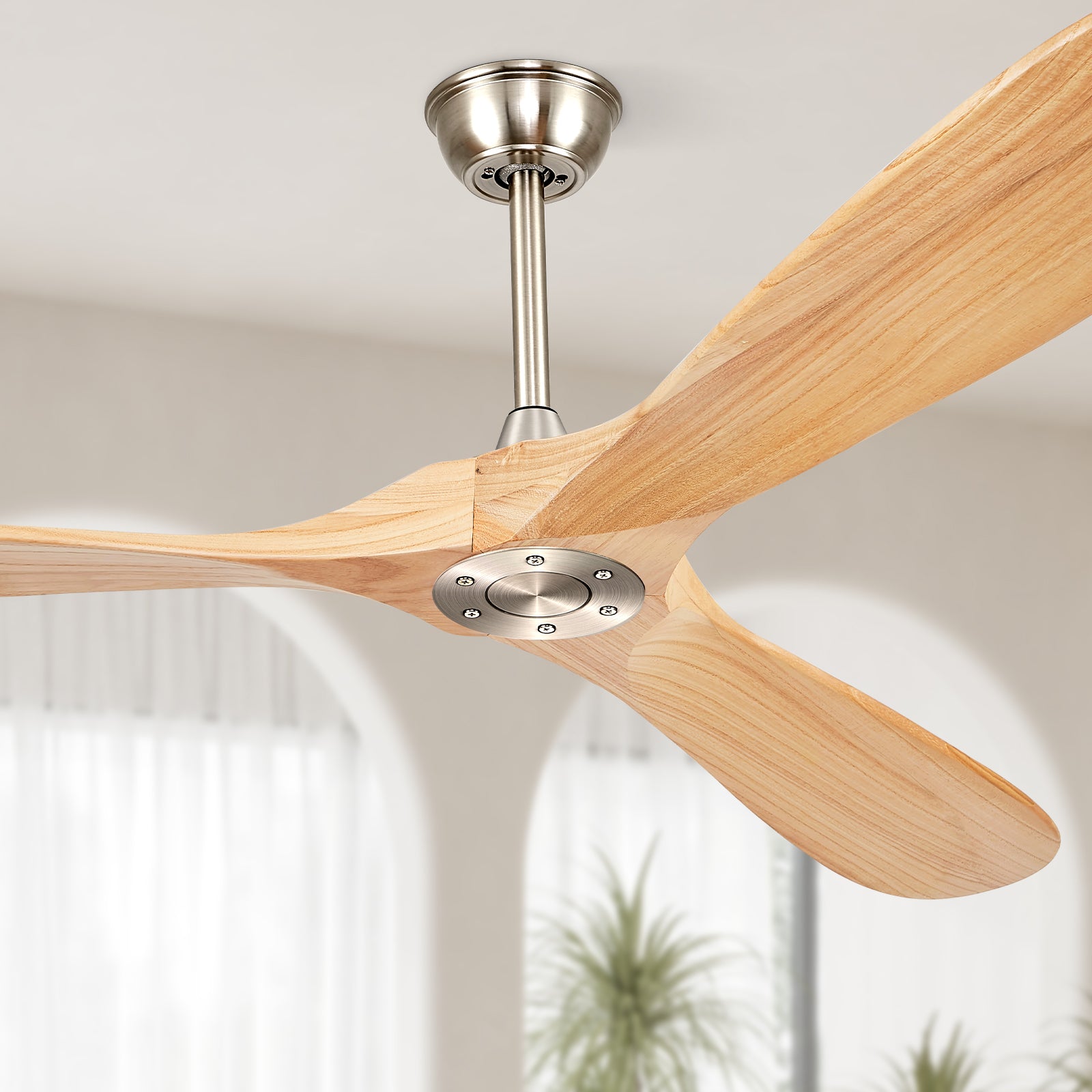 BOOSANT 52" Ceiling Fans without Lights, Solid Wood Ceiling Fan with Remote Control No Light, Modern Ceiling Fan with 3 Blades, Indoor Outdoor Ceiling Fans for Patios, Gazebo(Nature Wood)