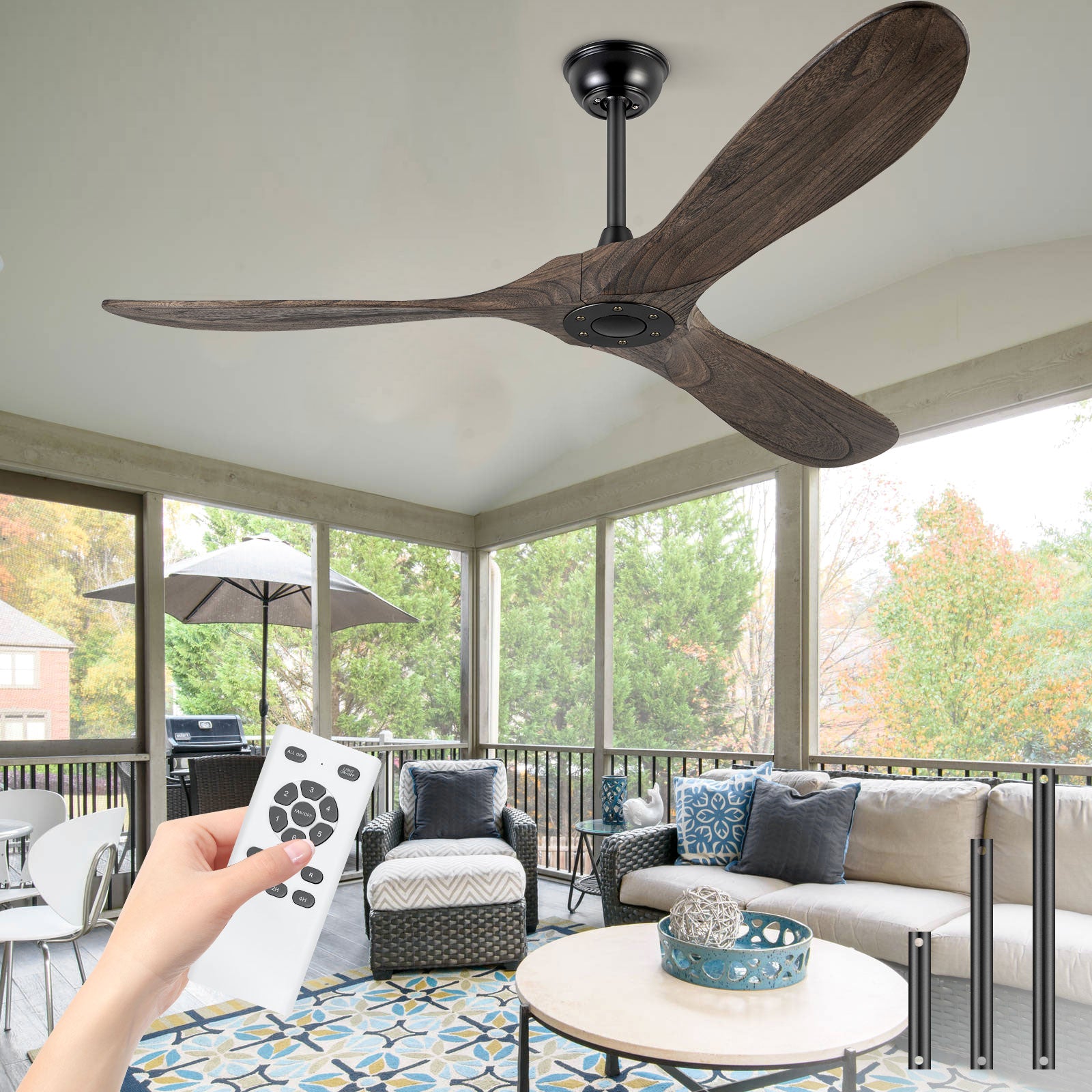 BOOSANT 52"/60"/72" Ceiling Fans Without Light, Solid Wood Ceiling Fan with Remote Control and DC Motor, No Light, Modern Ceiling Fan with 3 Blades, Indoor Outdoor for Patios, Bedroom-Deep Brown