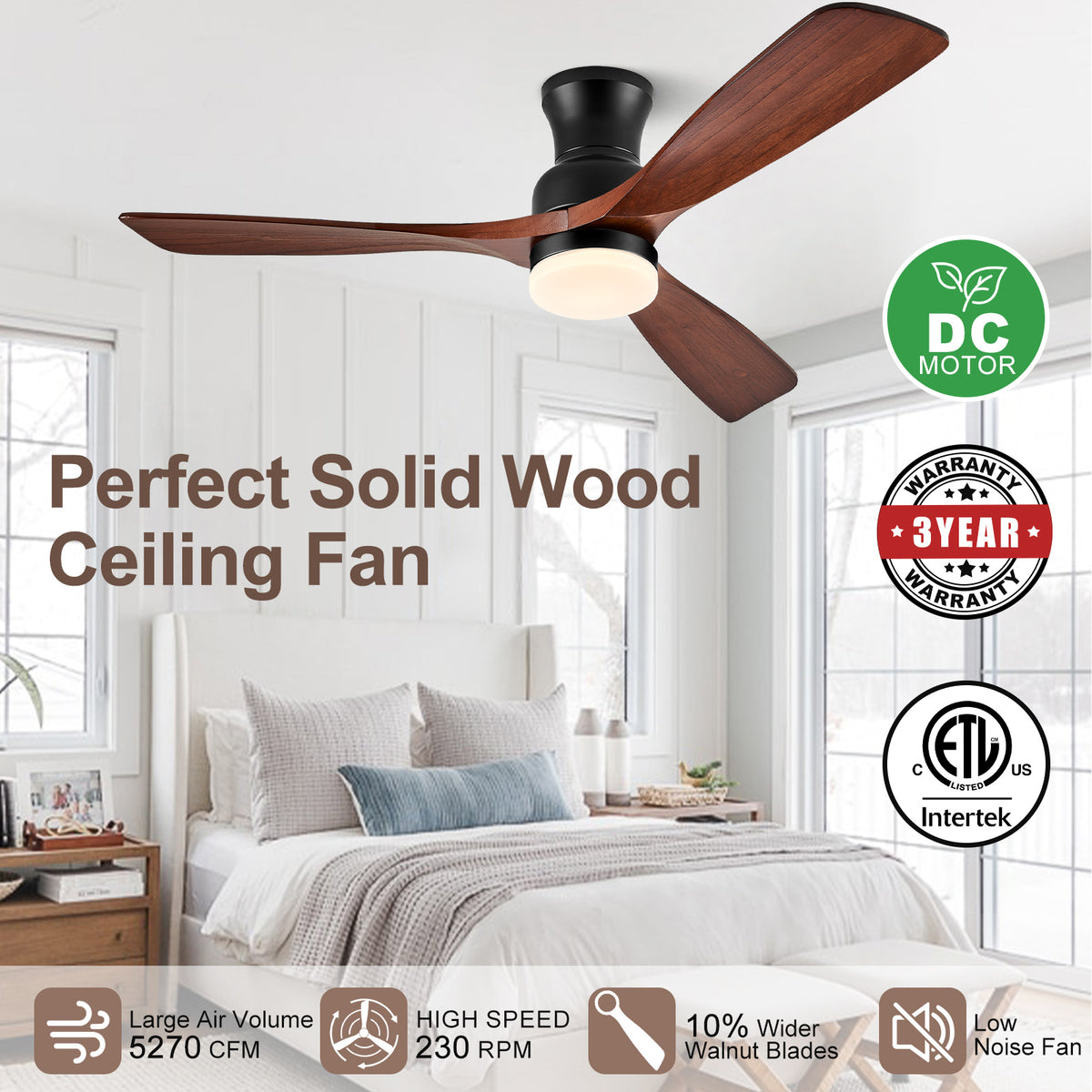 BOOSANT 52" Flush Mount Ceiling Fan with Lights, Hugger Fans with Remote Control, Outdoor Ceiling Fan for Patios, 6 Speed DC Motor, 52 inch Ceiling Fan for Bedroom, ETL Listed(Dark Walnut)