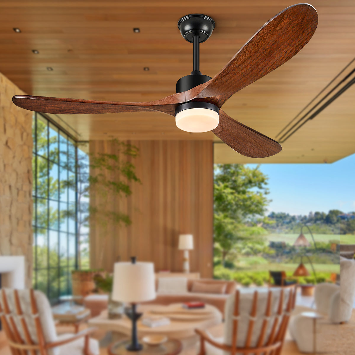 54 inch Outdoor Ceiling Fan, Outdoor Ceiling Fans for Patios with Light and Remote Control, 3 Solid Wood Blades, Quiet DC Motor, Outdoor Ceiling Fans for Patios, Porch, Dark Walnut