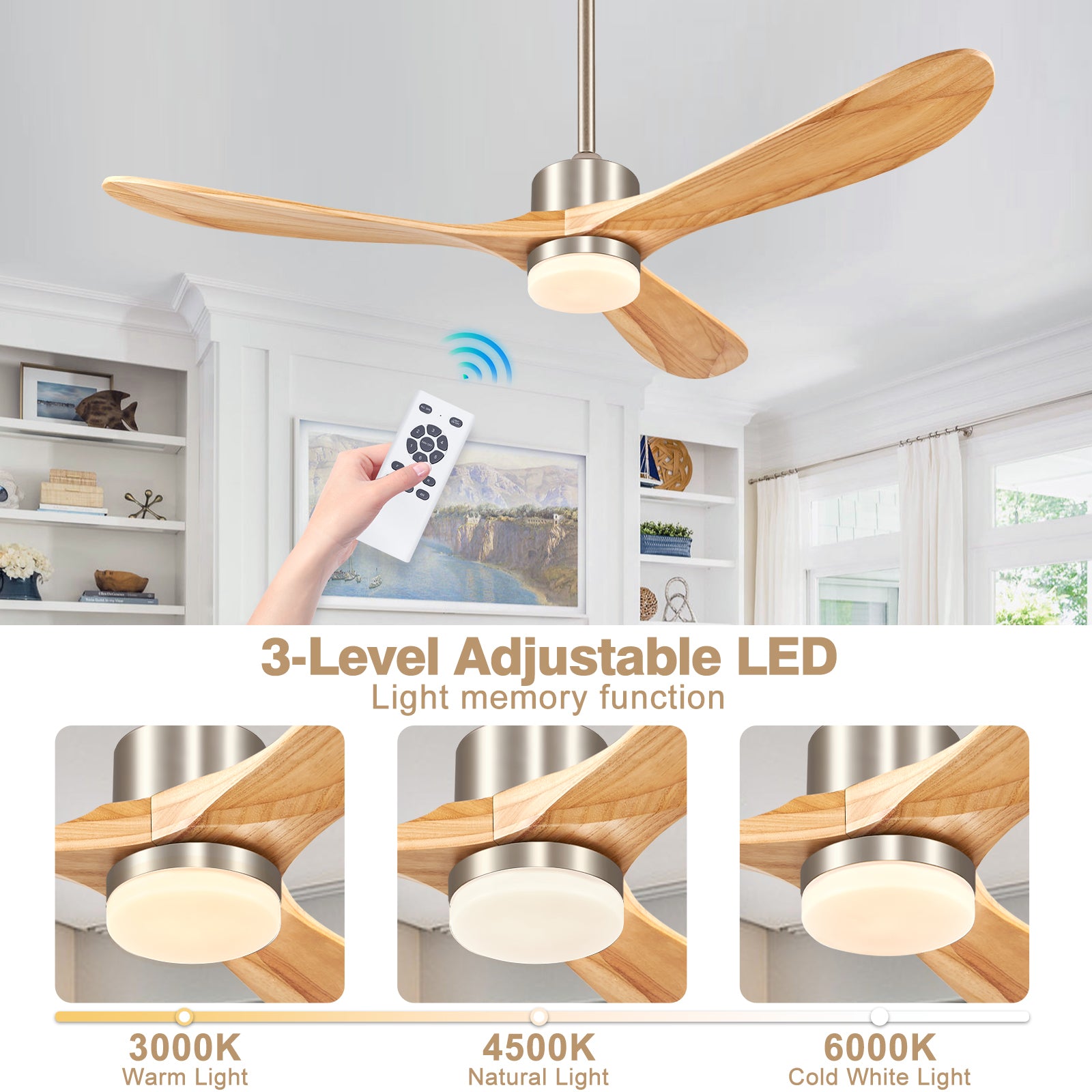 54 inch Outdoor Ceiling Fan, Outdoor Ceiling Fans for Patios with Light and Remote, 3 Solid Wood Blades, Quiet DC Motor, Outdoor Ceiling Fans for Patios, Porch, Gazebo, Nature Wood