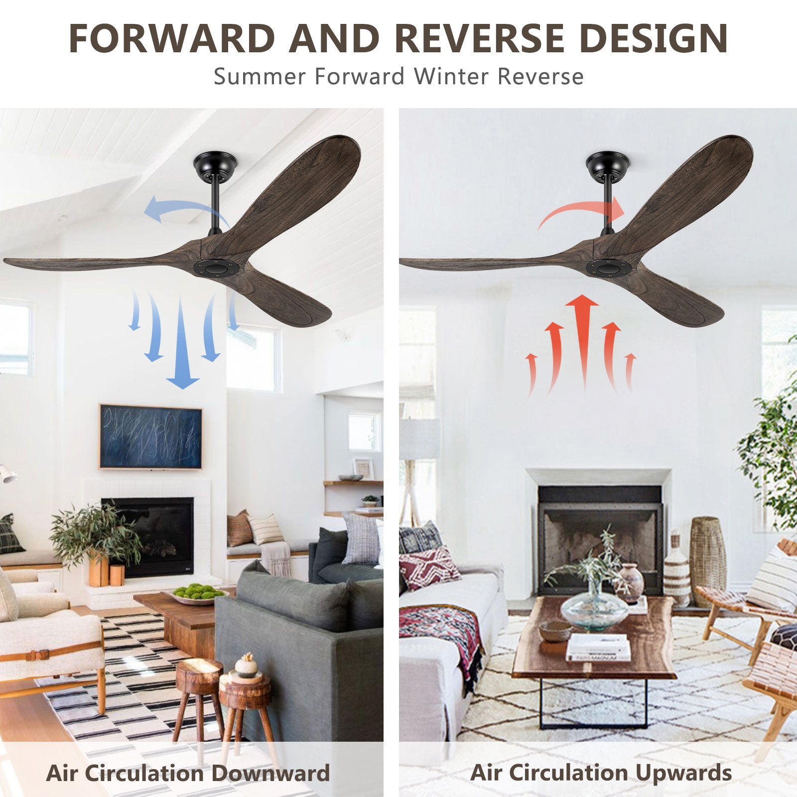 BOOSANT 52"/60"/72" Ceiling Fans Without Light, Solid Wood Ceiling Fan with Remote Control and DC Motor, No Light, Modern Ceiling Fan with 3 Blades, Indoor Outdoor for Patios, Bedroom-Deep Brown