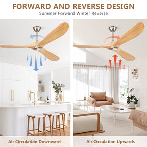 BOOSANT 52" Ceiling Fans without Lights, Solid Wood Ceiling Fan with Remote Control No Light, Modern Ceiling Fan with 3 Blades, Indoor Outdoor Ceiling Fans for Patios, Gazebo(Nature Wood)