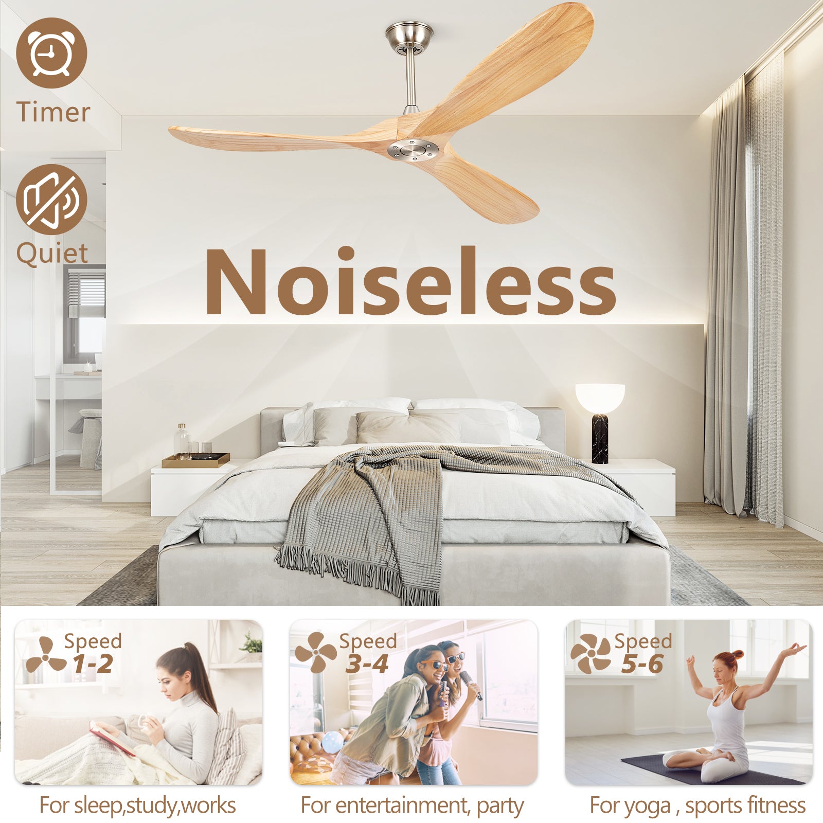 BOOSANT 52" Ceiling Fans without Lights, Solid Wood Ceiling Fan with Remote Control No Light, Modern Ceiling Fan with 3 Blades, Indoor Outdoor Ceiling Fans for Patios, Gazebo(Nature Wood)