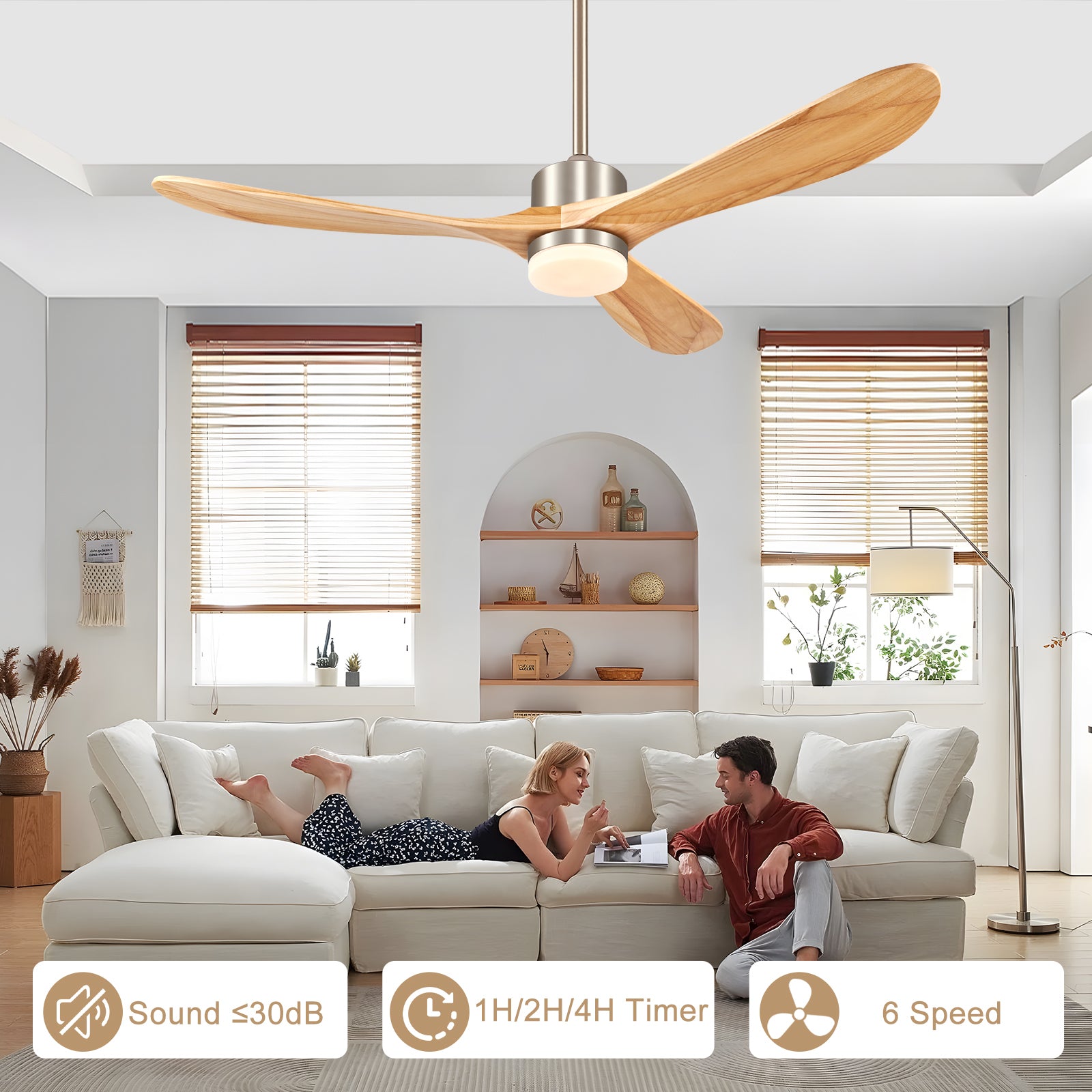 54 inch Outdoor Ceiling Fan, Outdoor Ceiling Fans for Patios with Light and Remote, 3 Solid Wood Blades, Quiet DC Motor, Outdoor Ceiling Fans for Patios, Porch, Gazebo, Nature Wood