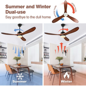 54 inch Outdoor Ceiling Fan, Outdoor Ceiling Fans for Patios with Light and Remote Control, 3 Solid Wood Blades, Quiet DC Motor, Outdoor Ceiling Fans for Patios, Porch, Dark Walnut