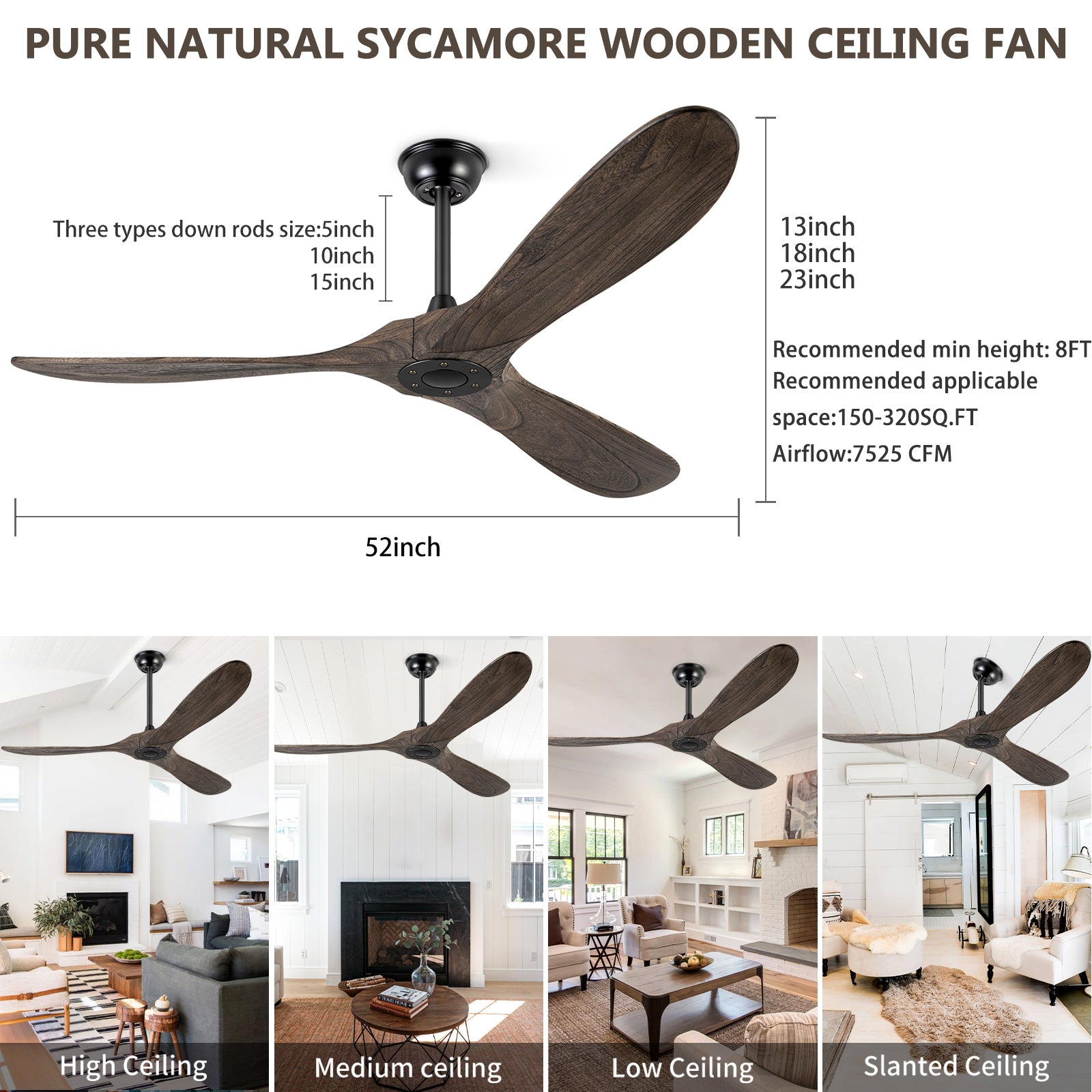 BOOSANT 52"/60"/72" Ceiling Fans Without Light, Solid Wood Ceiling Fan with Remote Control and DC Motor, No Light, Modern Ceiling Fan with 3 Blades, Indoor Outdoor for Patios, Bedroom-Deep Brown