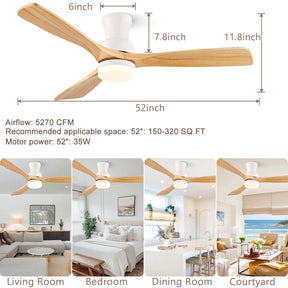 BOOSANT 52" Flush Mount   Ceiling Fan with Lights，Low Profile Ceiling Fan with Remote Control  LED Light 3 Reversible Wood Blades Noiseless DC Motor 6 Speed