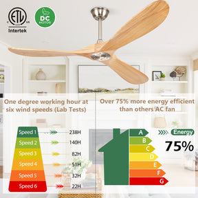 BOOSANT 52" Ceiling Fans without Lights, Solid Wood Ceiling Fan with Remote Control No Light, Modern Ceiling Fan with 3 Blades, Indoor Outdoor Ceiling Fans for Patios, Gazebo(Nature Wood)