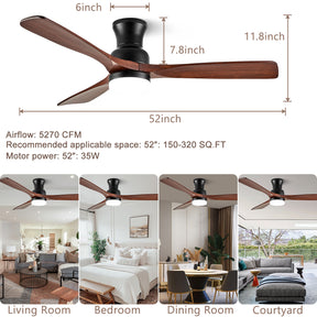 BOOSANT 52" Flush Mount Ceiling Fan with Lights, Hugger Fans with Remote Control, Outdoor Ceiling Fan for Patios, 6 Speed DC Motor, 52 inch Ceiling Fan for Bedroom, ETL Listed(Dark Walnut)