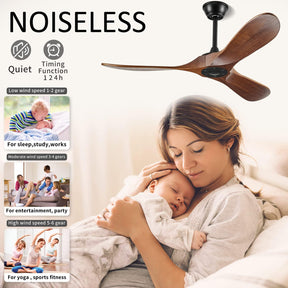 BOOSANT 52" Ceiling Fans Without Lights, Solid Wood Ceiling Fan with Remote Control and DC Motor, Ceiling Fan no Light with 3 Blades, Indoor Outdoor Ceiling Fans for Patios, Bedroom- Dark Walnut