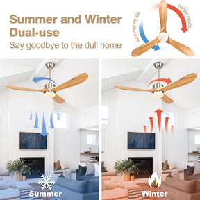 54 inch Outdoor Ceiling Fan, Outdoor Ceiling Fans for Patios with Light and Remote, 3 Solid Wood Blades, Quiet DC Motor, Outdoor Ceiling Fans for Patios, Porch, Gazebo, Nature Wood