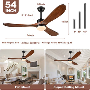 54 inch Outdoor Ceiling Fan, Outdoor Ceiling Fans for Patios with Light and Remote Control, 3 Solid Wood Blades, Quiet DC Motor, Outdoor Ceiling Fans for Patios, Porch, Dark Walnut