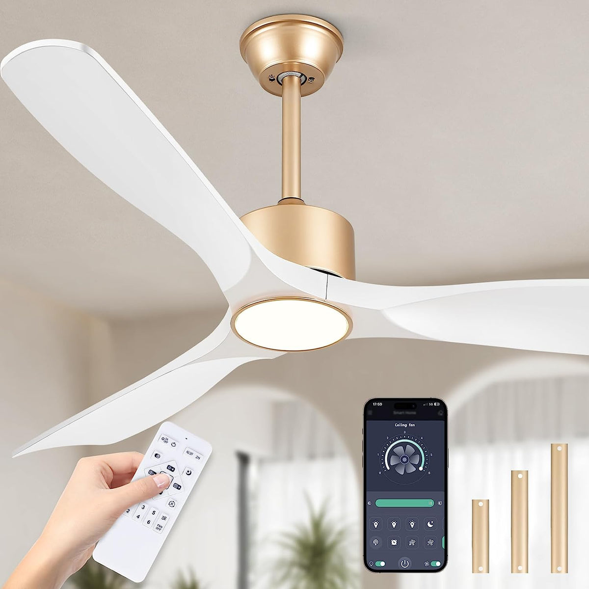 BOOSANT 52 inch Ceiling Fans with Lights,Quiet DC Motor,IP44 Waterproof,ETL Certification,(Gold and White)