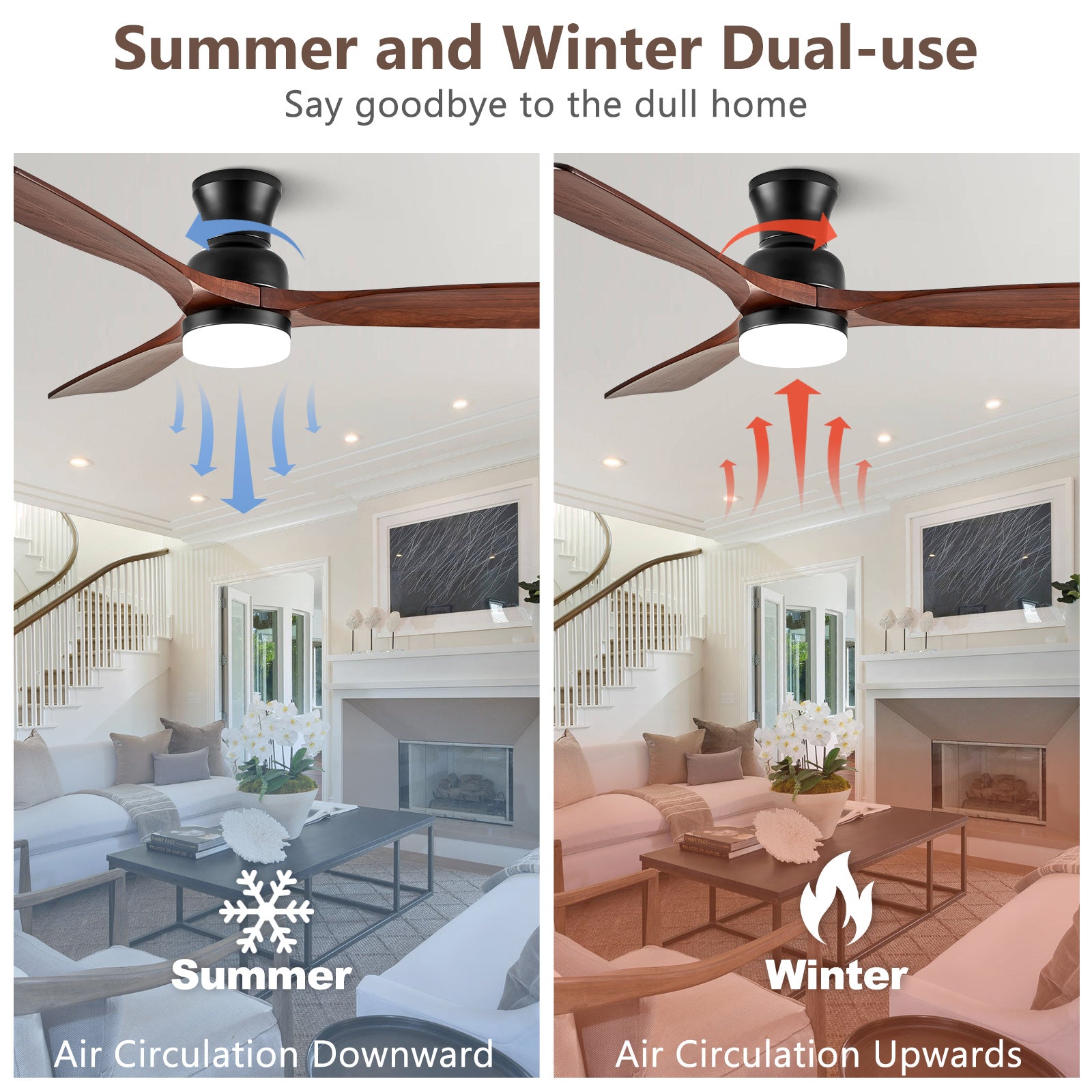 BOOSANT 52" Flush Mount Ceiling Fan with Lights, Hugger Fans with Remote Control, Outdoor Ceiling Fan for Patios, 6 Speed DC Motor, 52 inch Ceiling Fan for Bedroom, ETL Listed(Dark Walnut)