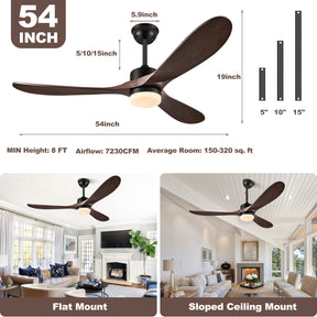 54 inch Outdoor Ceiling Fan, Outdoor Ceiling Fans for Patios with Light and Remote, 3 Solid Wood Blades, Quiet DC Motor, Outdoor Ceiling Fans for Patios, Porch, Gazebo, Dark Grey