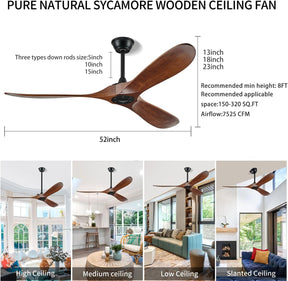 BOOSANT 52" Ceiling Fans Without Lights, Solid Wood Ceiling Fan with Remote Control and DC Motor, Ceiling Fan no Light with 3 Blades, Indoor Outdoor Ceiling Fans for Patios, Bedroom- Dark Walnut