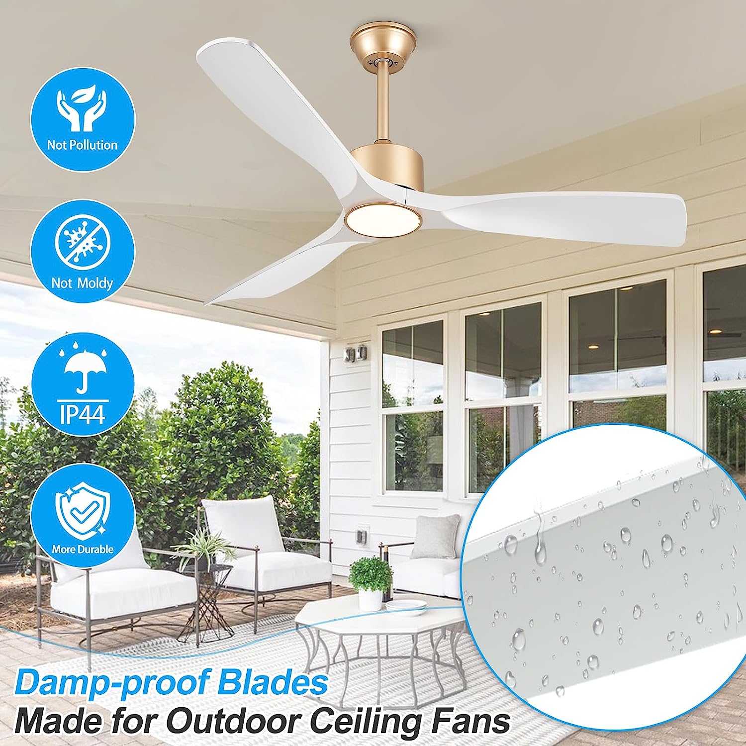 BOOSANT 52 inch Ceiling Fans with Lights,Quiet DC Motor,IP44 Waterproof,ETL Certification,(Gold and White)