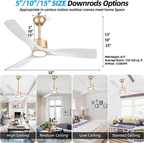 BOOSANT 52 inch Ceiling Fans with Lights,Quiet DC Motor,IP44 Waterproof,ETL Certification,(Gold and White)