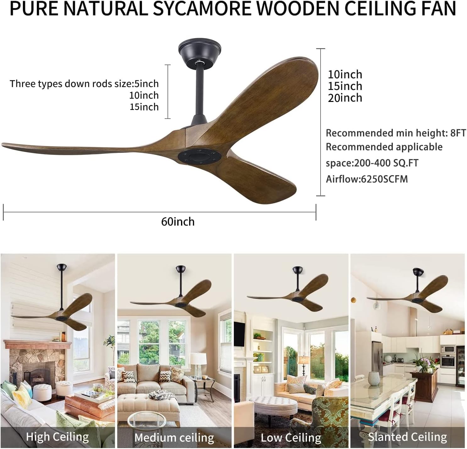 BOOSANT 60” Ceiling Fans Without Light, Solid Wood Ceiling Fan with Remote Control and Quiet DC Motor, No Light, Modern Smart Ceiling Fan with 3 Blades, Indoor Outdoor Ceiling Fans for Patios, Living Room, Bedroom, Farmhouse, Gazebo-Apricot Yellow