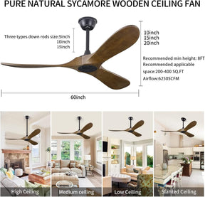 BOOSANT 60” Ceiling Fans Without Light, Solid Wood Ceiling Fan with Remote Control and Quiet DC Motor, No Light, Modern Smart Ceiling Fan with 3 Blades, Indoor Outdoor Ceiling Fans for Patios, Living Room, Bedroom, Farmhouse, Gazebo-Apricot Yellow