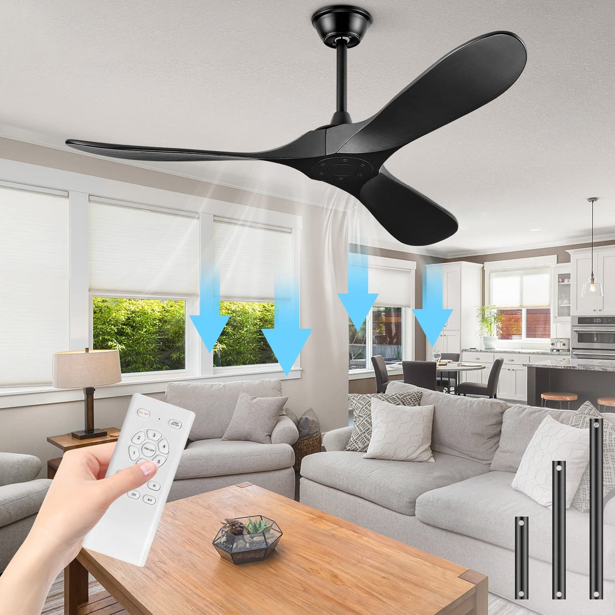 BOOSANT 52" Ceiling Fans Without Lights, Solid Wood Ceiling Fan with Remote Control and Quiet DC Motor, Ceiling Fan no Light 3 Blades, Indoor Outdoor Ceiling Fans for Patios, Bedroom- Black