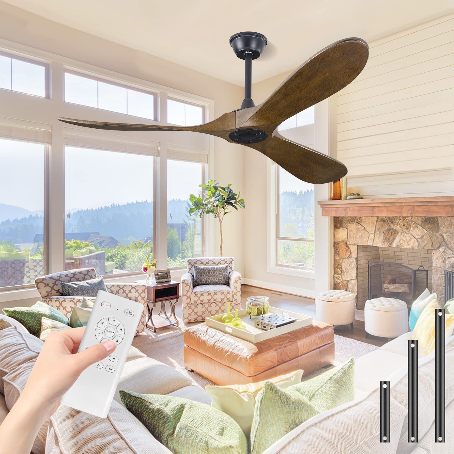 BOOSANT 60” Ceiling Fans Without Light, Solid Wood Ceiling Fan with Remote Control and Quiet DC Motor, No Light, Modern Smart Ceiling Fan with 3 Blades, Indoor Outdoor Ceiling Fans for Patios, Living Room, Bedroom, Farmhouse, Gazebo-Apricot Yellow