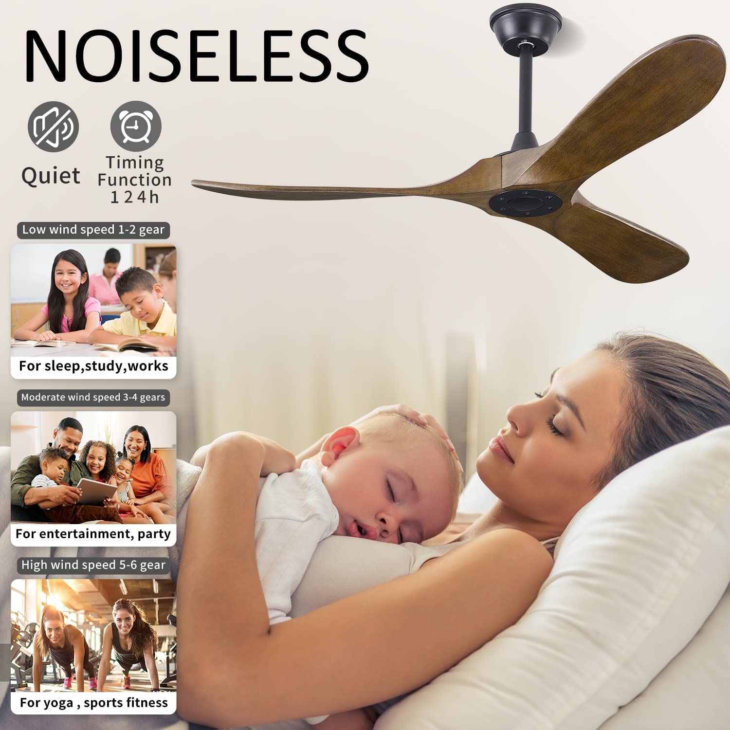 BOOSANT 60” Ceiling Fans Without Light, Solid Wood Ceiling Fan with Remote Control and Quiet DC Motor, No Light, Modern Smart Ceiling Fan with 3 Blades, Indoor Outdoor Ceiling Fans for Patios, Living Room, Bedroom, Farmhouse, Gazebo-Apricot Yellow