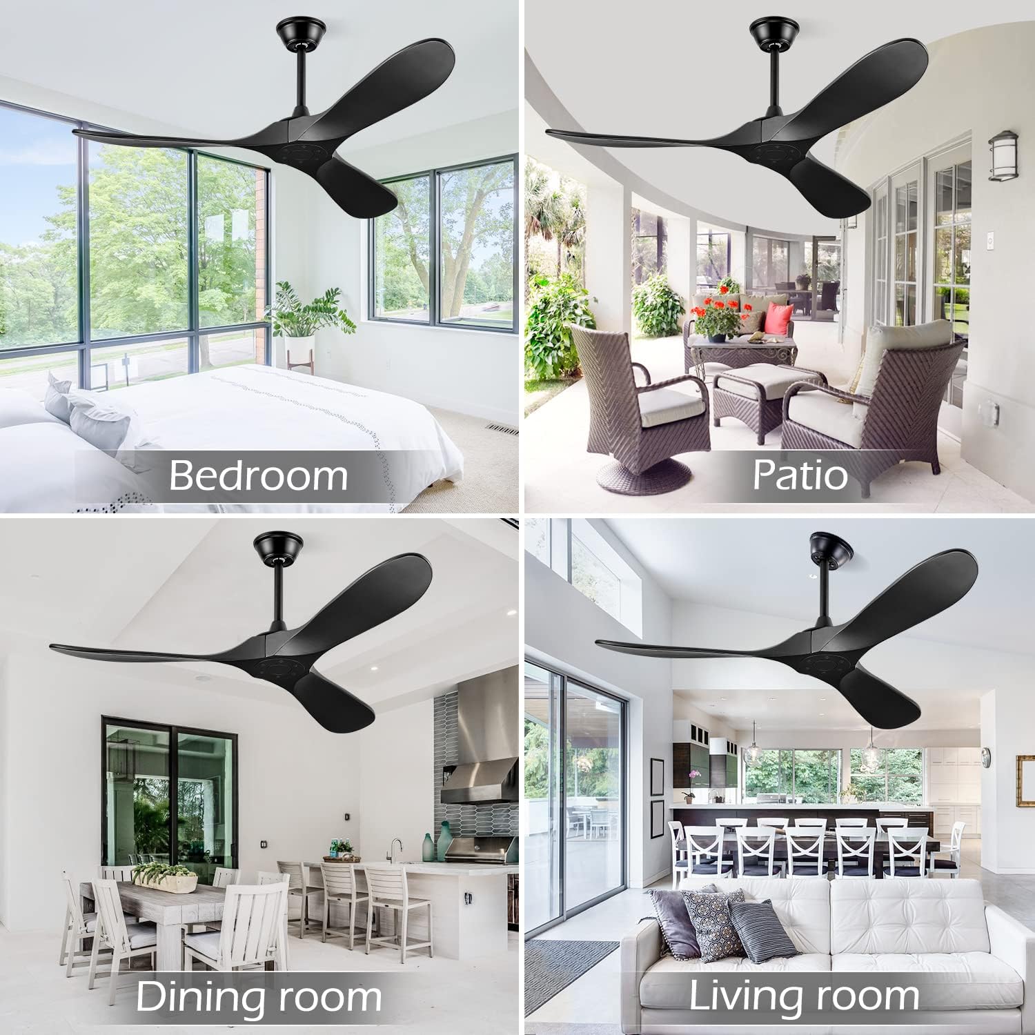 BOOSANT 52" Ceiling Fans Without Lights, Solid Wood Ceiling Fan with Remote Control and Quiet DC Motor, Ceiling Fan no Light 3 Blades, Indoor Outdoor Ceiling Fans for Patios, Bedroom- Black