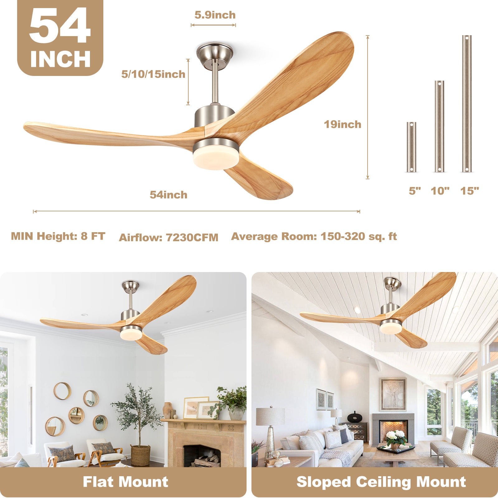 54 inch Outdoor Ceiling Fan, Outdoor Ceiling Fans for Patios with Light and Remote, 3 Solid Wood Blades, Quiet DC Motor, Outdoor Ceiling Fans for Patios, Porch, Gazebo, Nature Wood