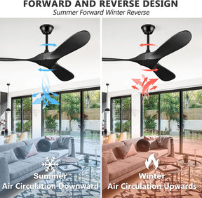 BOOSANT 52" Ceiling Fans Without Lights, Solid Wood Ceiling Fan with Remote Control and Quiet DC Motor, Ceiling Fan no Light 3 Blades, Indoor Outdoor Ceiling Fans for Patios, Bedroom- Black