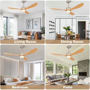 54 inch Outdoor Ceiling Fan, Outdoor Ceiling Fans for Patios with Light and Remote, 3 Solid Wood Blades, Quiet DC Motor, Outdoor Ceiling Fans for Patios, Porch, Gazebo, Nature Wood